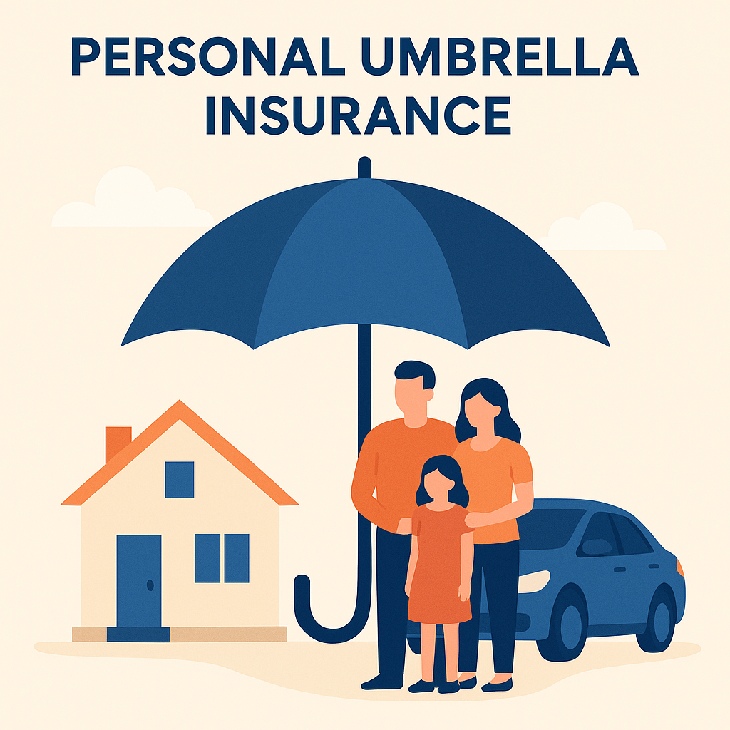 Illustration of a family, home, and car protected under a large umbrella representing personal umbrella insurance coverage