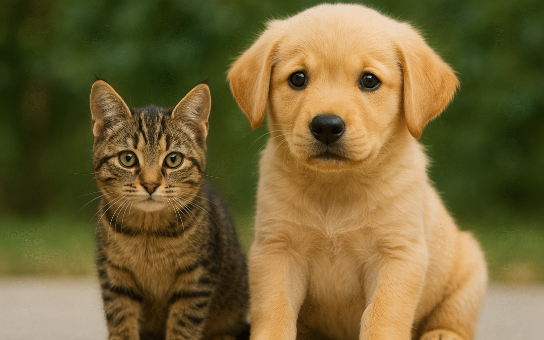 Golden retriever puppy and tabby kitten sitting together outdoors, representing Nationwide pet insurance coverage for dogs and cats.